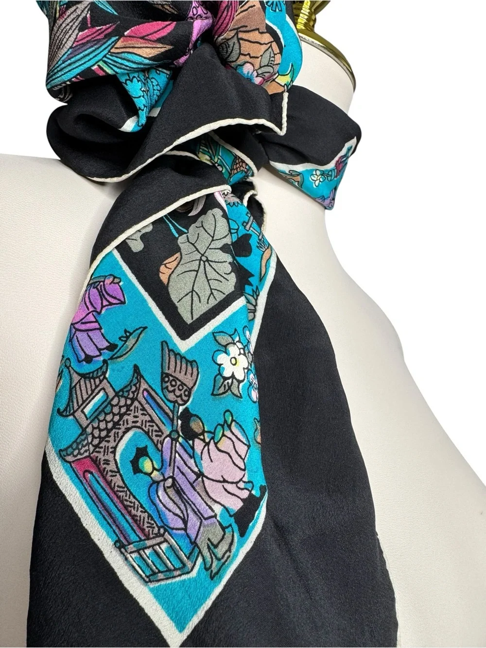Vintage Hand Rolled Silk Chinoiserie Style Luxury Square Scarf Asian Motif